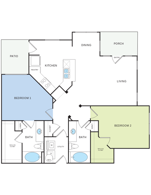 Floor plan for 2 beds, 2 baths, 1187 sqft